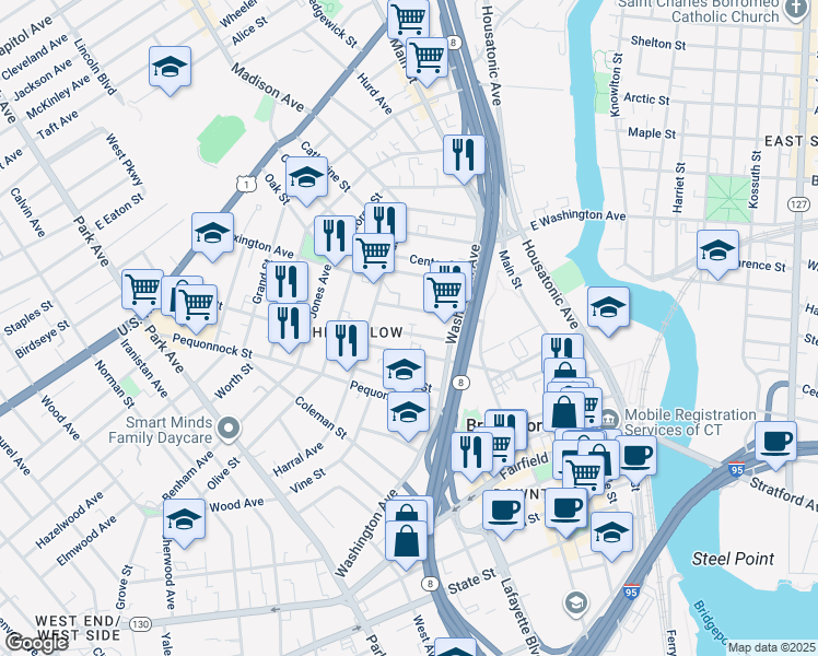 map of restaurants, bars, coffee shops, grocery stores, and more near 86 Sanford Avenue in Bridgeport