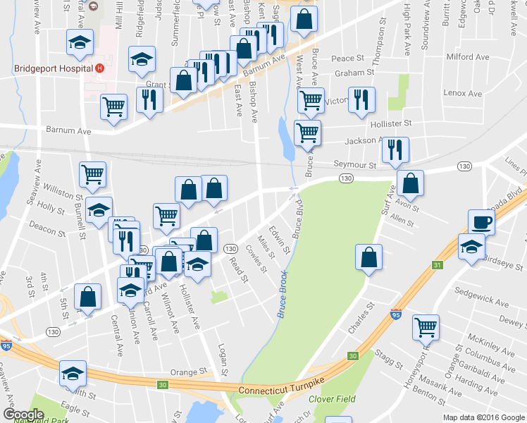 map of restaurants, bars, coffee shops, grocery stores, and more near 36 Bishop Avenue in Bridgeport