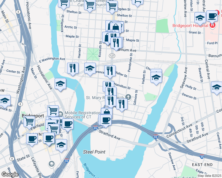 map of restaurants, bars, coffee shops, grocery stores, and more near 600 East Main Street in Bridgeport