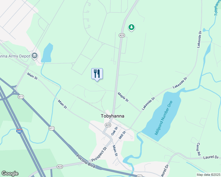 map of restaurants, bars, coffee shops, grocery stores, and more near 1667 Church Street in Tobyhanna