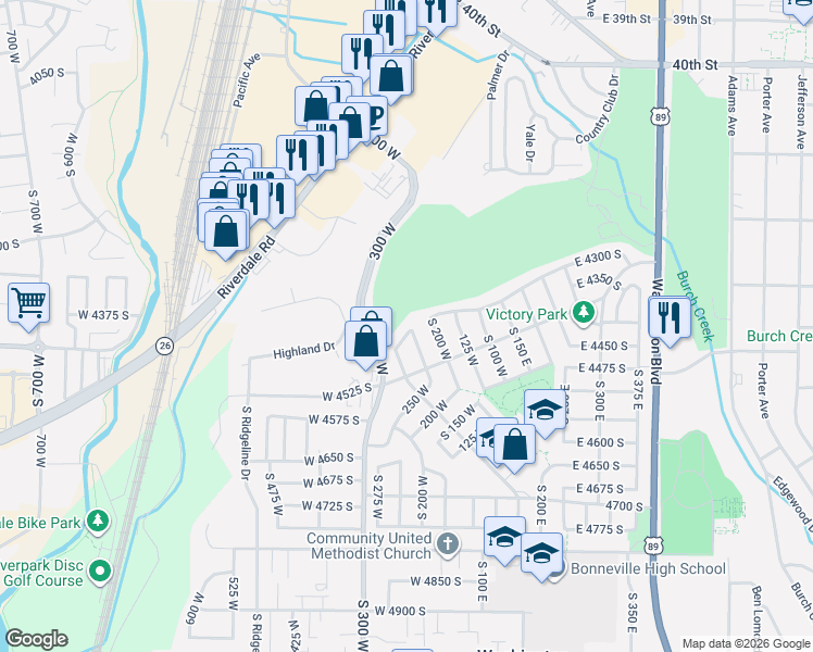 map of restaurants, bars, coffee shops, grocery stores, and more near 4329 South 275 West in Washington Terrace