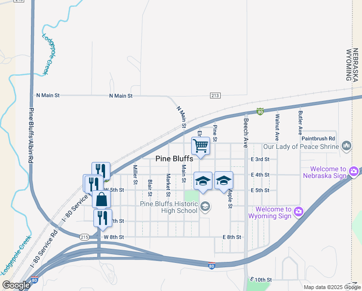 map of restaurants, bars, coffee shops, grocery stores, and more near in Pine Bluffs