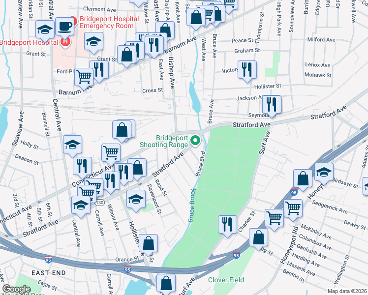 map of restaurants, bars, coffee shops, grocery stores, and more near 20 Bishop Avenue in Bridgeport