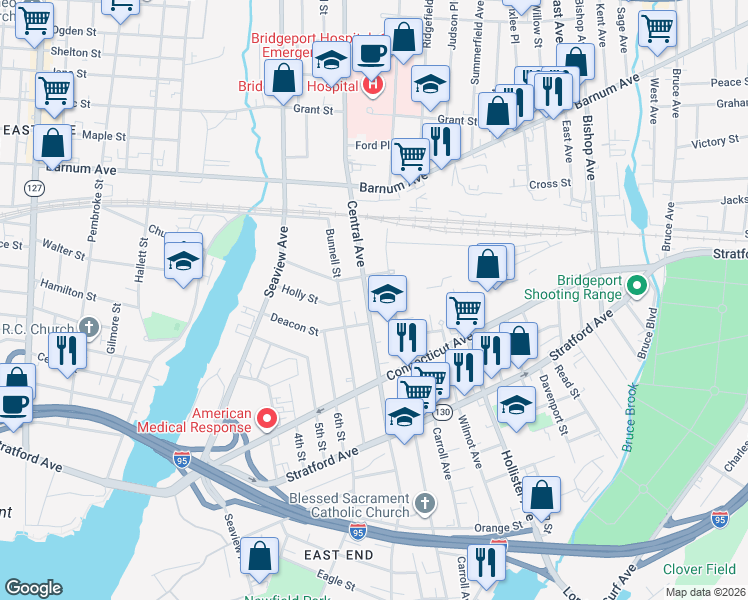map of restaurants, bars, coffee shops, grocery stores, and more near 1117 Central Avenue in Bridgeport