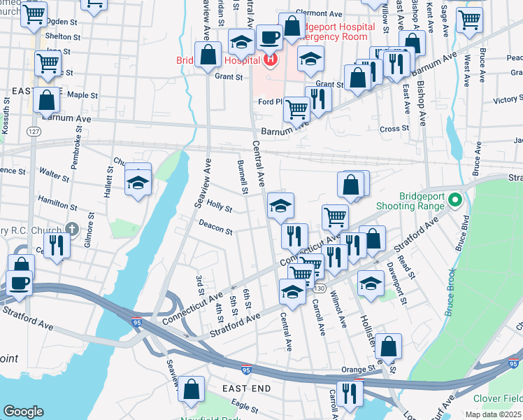 map of restaurants, bars, coffee shops, grocery stores, and more near 1117 Central Avenue in Bridgeport