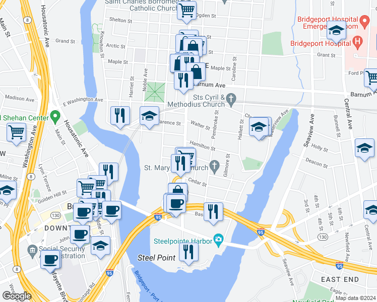 map of restaurants, bars, coffee shops, grocery stores, and more near 20 Steuben Street in Bridgeport