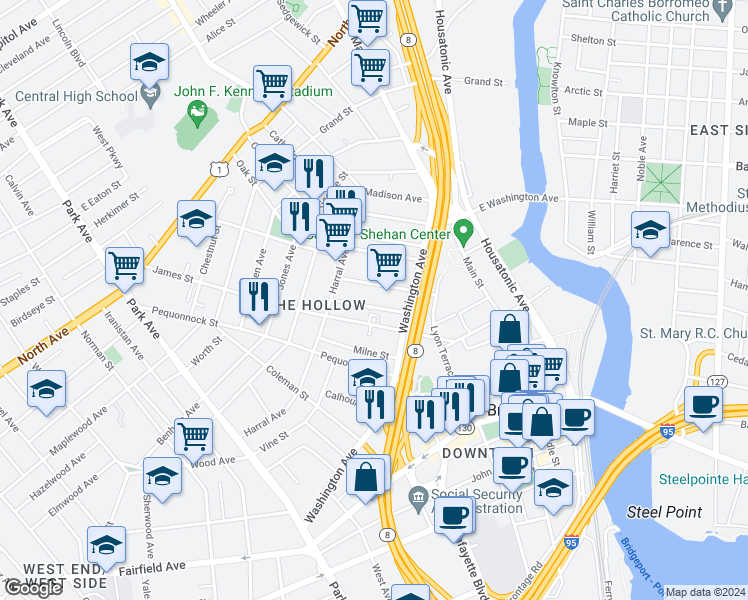 map of restaurants, bars, coffee shops, grocery stores, and more near 55 Sanford Avenue in Bridgeport