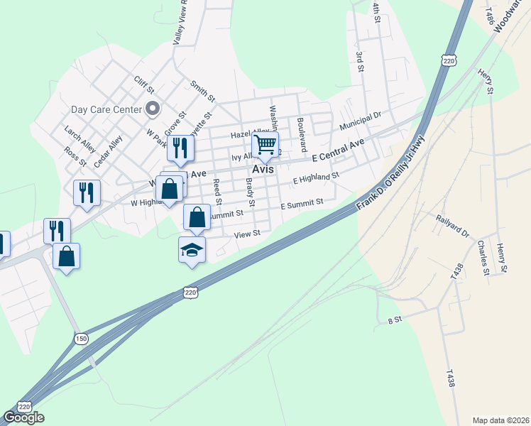 map of restaurants, bars, coffee shops, grocery stores, and more near 9 East Summit Street in Avis
