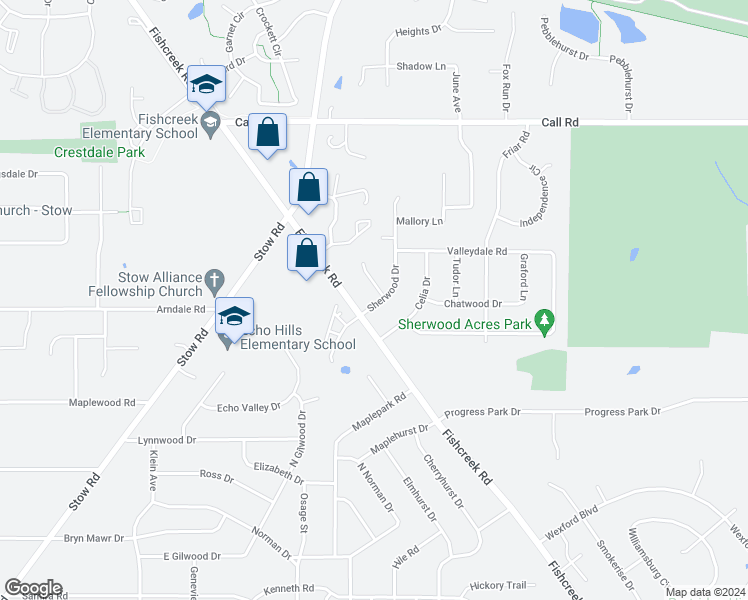 map of restaurants, bars, coffee shops, grocery stores, and more near 2446 Sherwood Drive in Stow