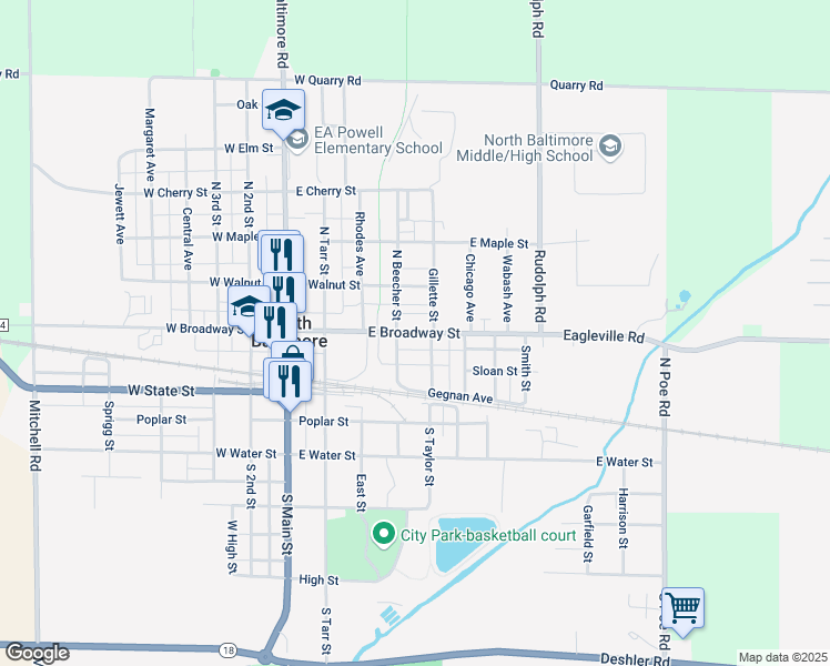 map of restaurants, bars, coffee shops, grocery stores, and more near 313 East Broadway Street in North Baltimore