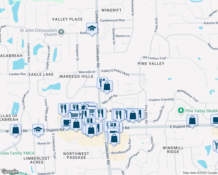 map of restaurants, bars, coffee shops, grocery stores, and more near 10820 Coldwater Road in Fort Wayne