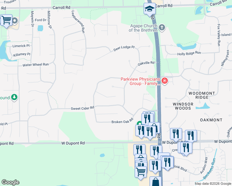 map of restaurants, bars, coffee shops, grocery stores, and more near 10909 Summer Chase Road in Fort Wayne