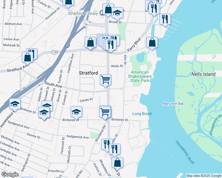 map of restaurants, bars, coffee shops, grocery stores, and more near 973 South Ave in Stratford