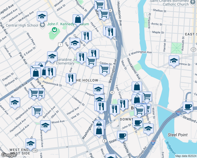 map of restaurants, bars, coffee shops, grocery stores, and more near 98 Sanford Avenue in Bridgeport