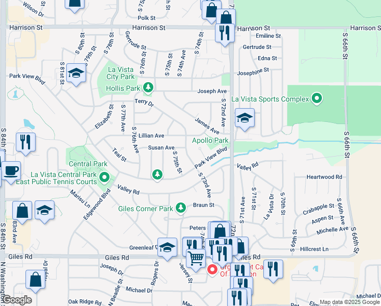 map of restaurants, bars, coffee shops, grocery stores, and more near 7405 Terry Drive in La Vista