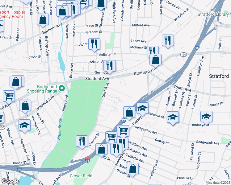 map of restaurants, bars, coffee shops, grocery stores, and more near 89 Allen Street in Stratford