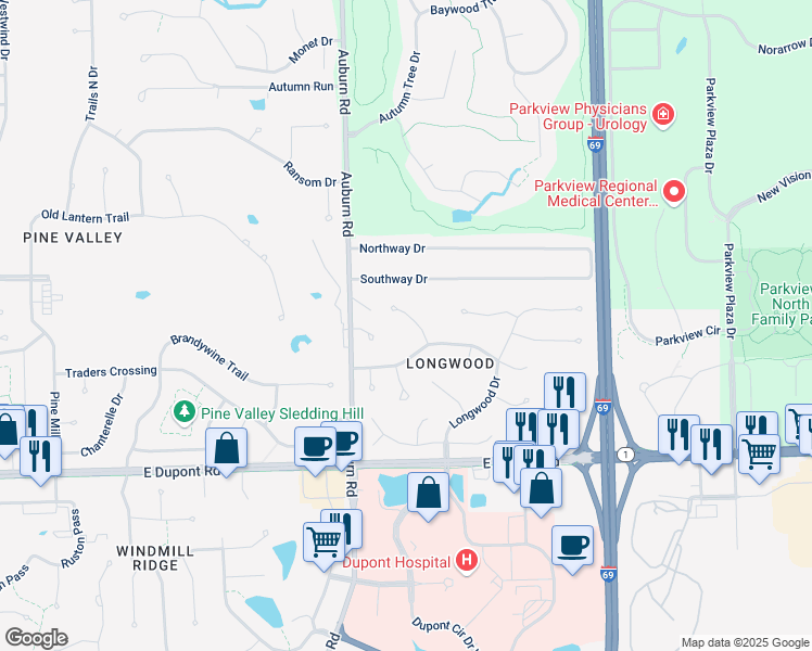 map of restaurants, bars, coffee shops, grocery stores, and more near 10903 Westmore Court in Fort Wayne