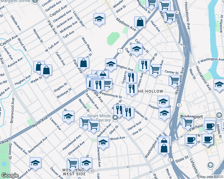 map of restaurants, bars, coffee shops, grocery stores, and more near 51 Chestnut Street in Bridgeport