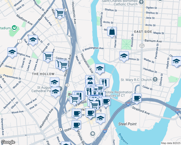 map of restaurants, bars, coffee shops, grocery stores, and more near 295 Middle Street in Bridgeport