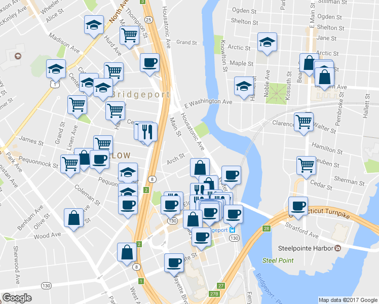 map of restaurants, bars, coffee shops, grocery stores, and more near 1357 Main St in Bridgeport