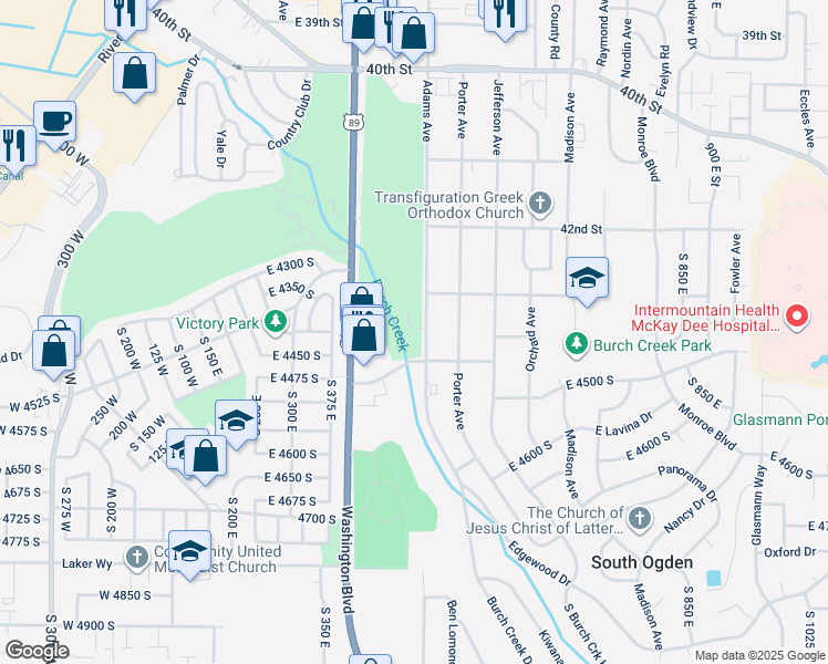 map of restaurants, bars, coffee shops, grocery stores, and more near 4315 Adams Avenue in South Ogden