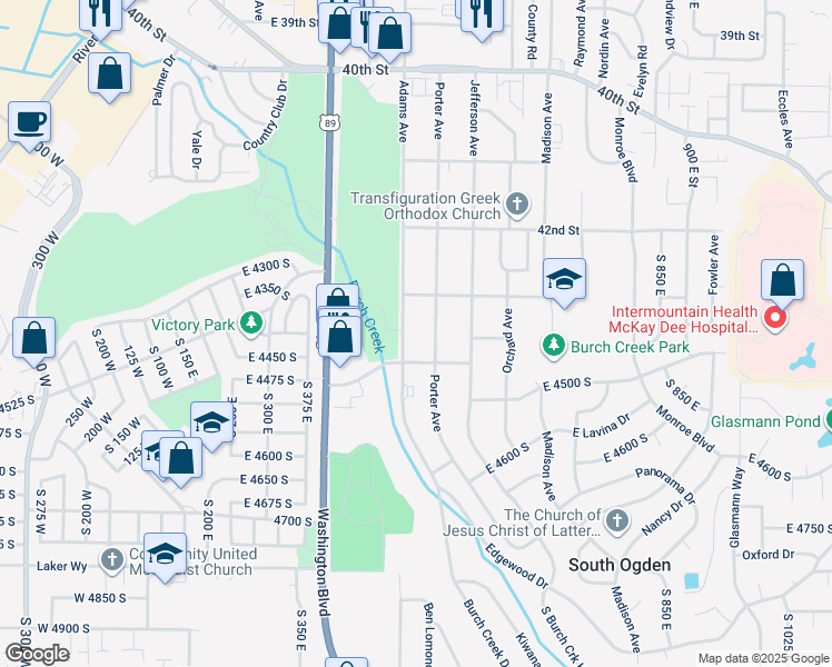 map of restaurants, bars, coffee shops, grocery stores, and more near 4344 Adams Avenue in Ogden