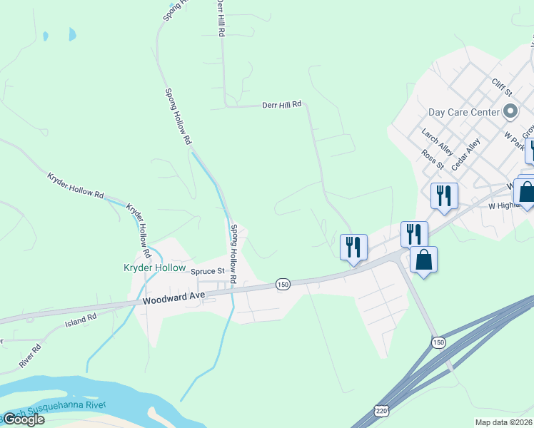 map of restaurants, bars, coffee shops, grocery stores, and more near 86 Spong Hollow Road in Lock Haven