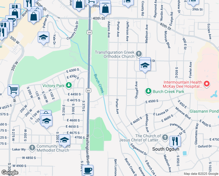 map of restaurants, bars, coffee shops, grocery stores, and more near 4315 Adams Avenue in South Ogden