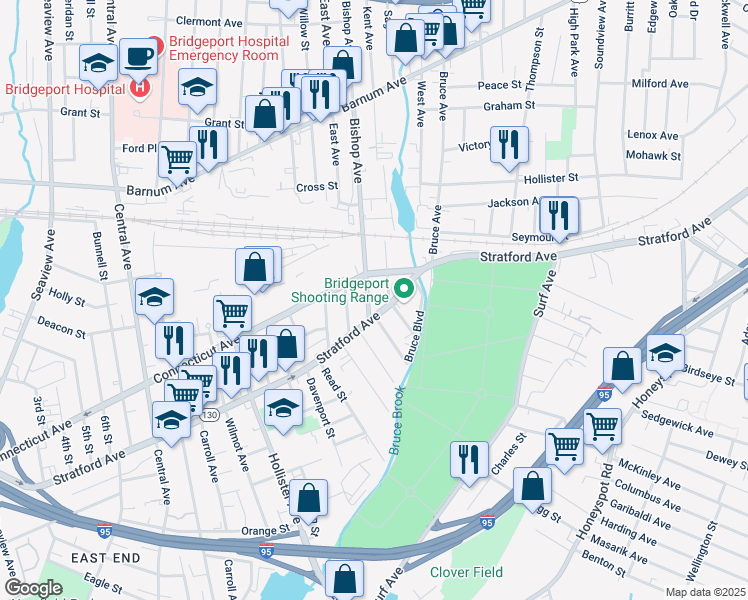 map of restaurants, bars, coffee shops, grocery stores, and more near 20 Bishop Avenue in Bridgeport