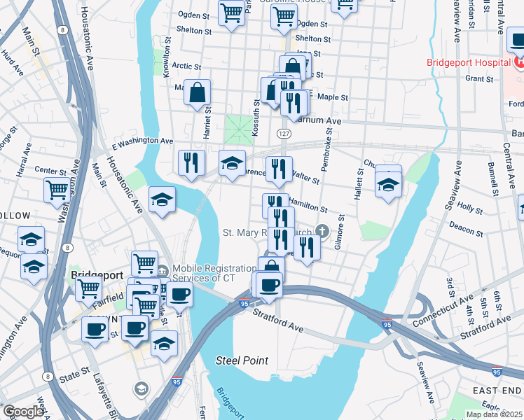 map of restaurants, bars, coffee shops, grocery stores, and more near 53 Seymour Street in Bridgeport