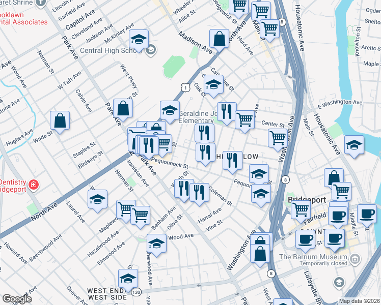 map of restaurants, bars, coffee shops, grocery stores, and more near 43 Linen Avenue in Bridgeport