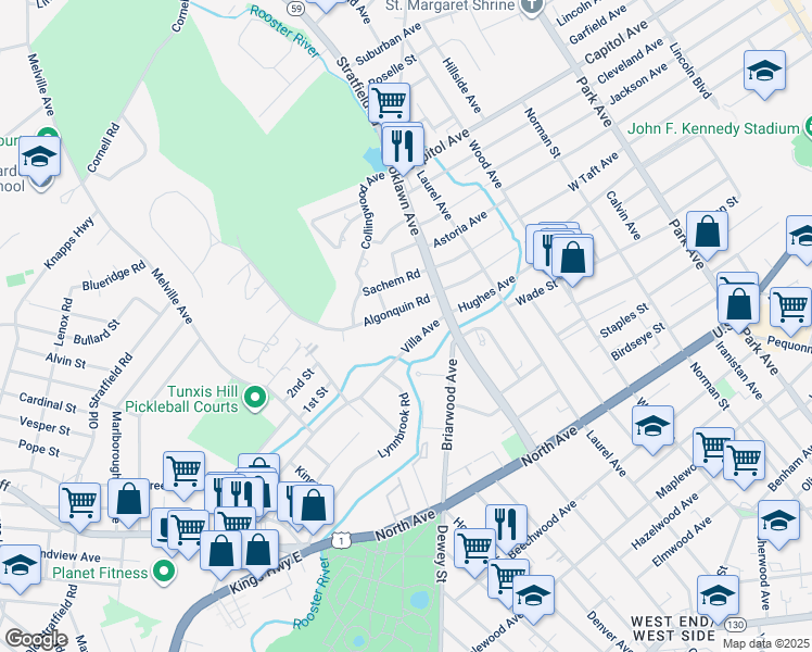 map of restaurants, bars, coffee shops, grocery stores, and more near 95 Villa Avenue in Fairfield