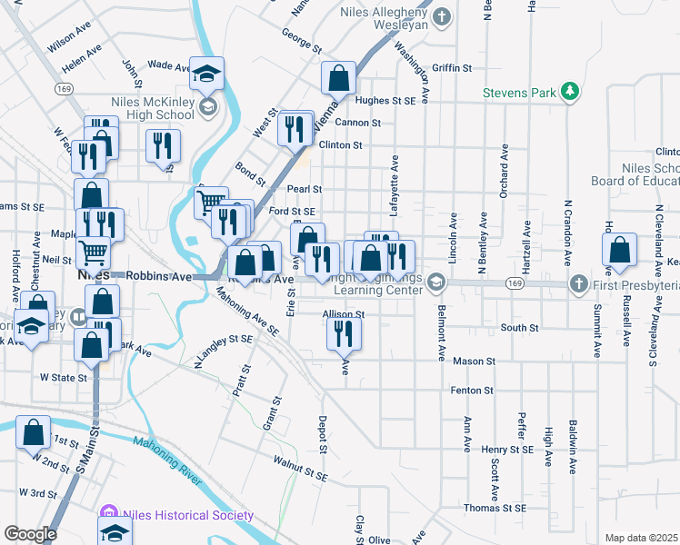 map of restaurants, bars, coffee shops, grocery stores, and more near 451 Robbins Avenue in Niles
