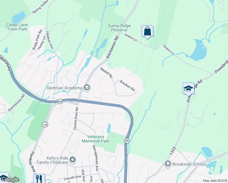 map of restaurants, bars, coffee shops, grocery stores, and more near 18 Minkel Road in Ossining