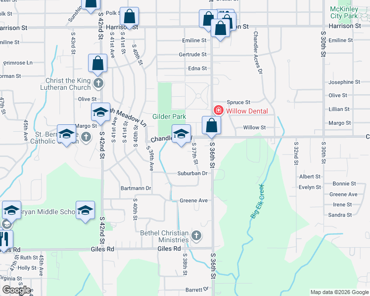 map of restaurants, bars, coffee shops, grocery stores, and more near 3705 Chandler Road West in Bellevue