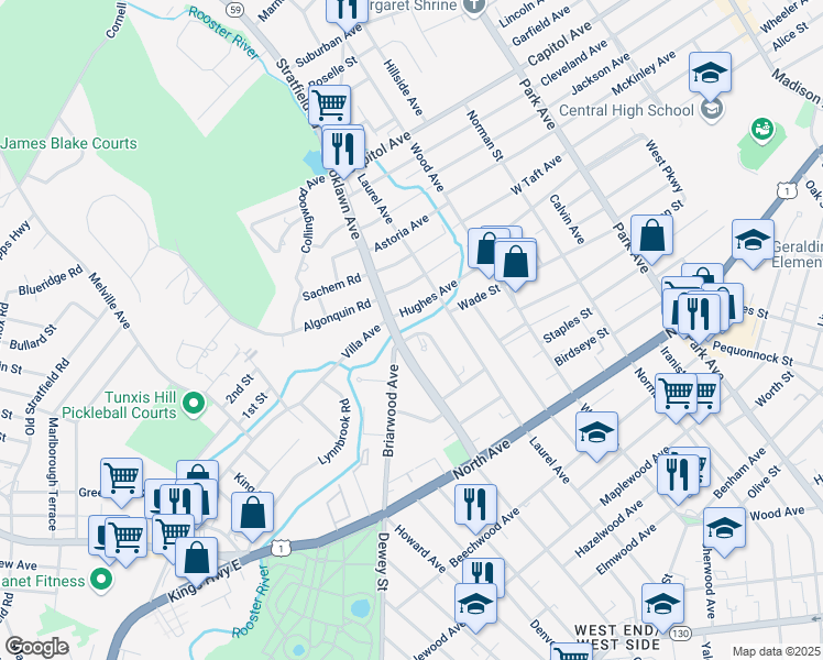map of restaurants, bars, coffee shops, grocery stores, and more near 180 Unquowa Hill Street in Bridgeport