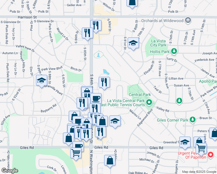 map of restaurants, bars, coffee shops, grocery stores, and more near 8216 City Centre Drive in La Vista