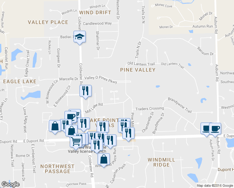 map of restaurants, bars, coffee shops, grocery stores, and more near 10906 Sandpiper Cove in Fort Wayne
