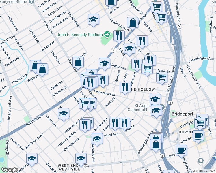 map of restaurants, bars, coffee shops, grocery stores, and more near 66 Chestnut Street in Bridgeport
