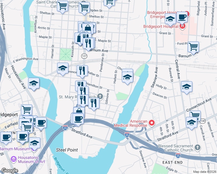 map of restaurants, bars, coffee shops, grocery stores, and more near 95 Gilmore Street in Bridgeport