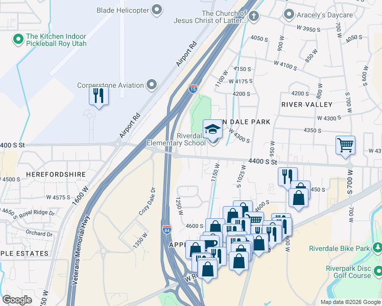 map of restaurants, bars, coffee shops, grocery stores, and more near 1198 West 4400 South in Riverdale