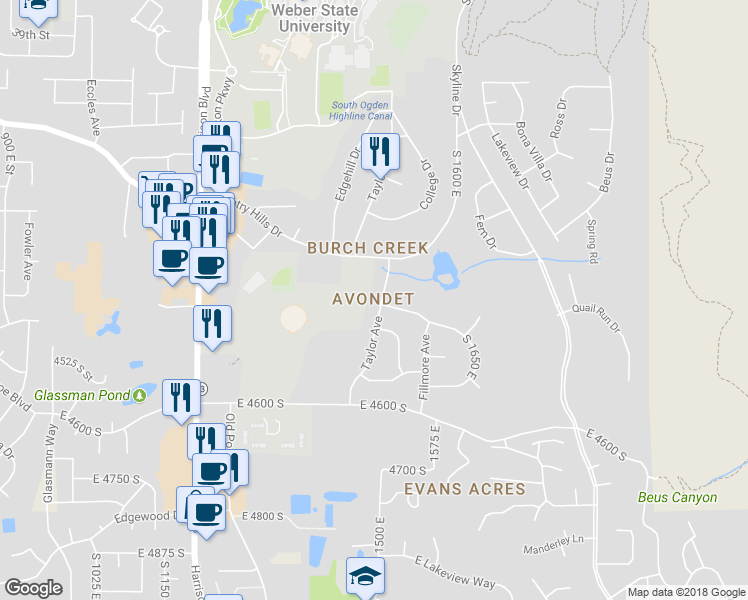 map of restaurants, bars, coffee shops, grocery stores, and more near 4391 Taylor Avenue in Ogden