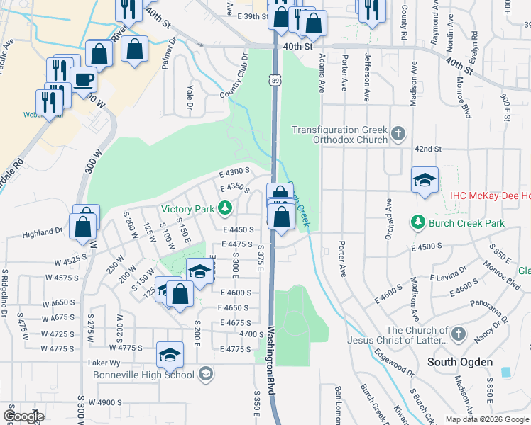 map of restaurants, bars, coffee shops, grocery stores, and more near 4404 South 375 East in Ogden