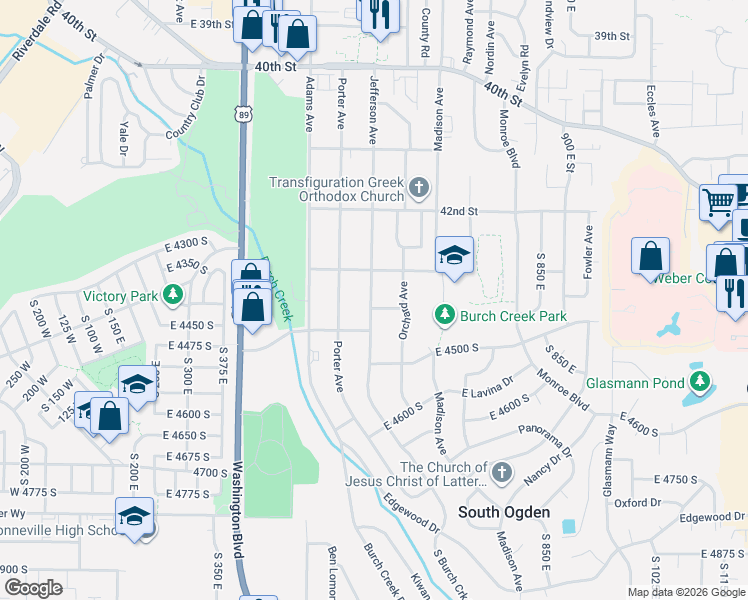 map of restaurants, bars, coffee shops, grocery stores, and more near 4350 South 850 East in South Ogden