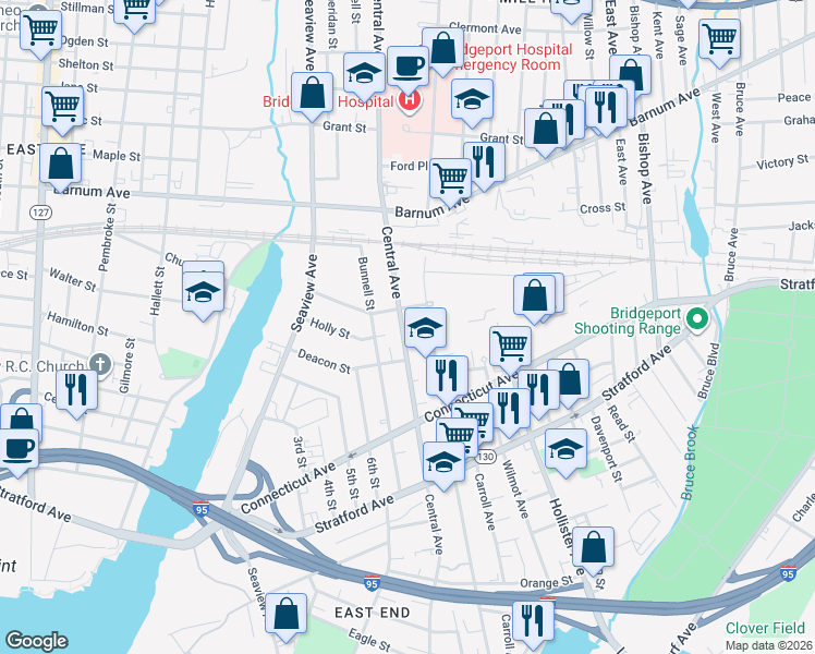 map of restaurants, bars, coffee shops, grocery stores, and more near 1160 Central Avenue in Bridgeport