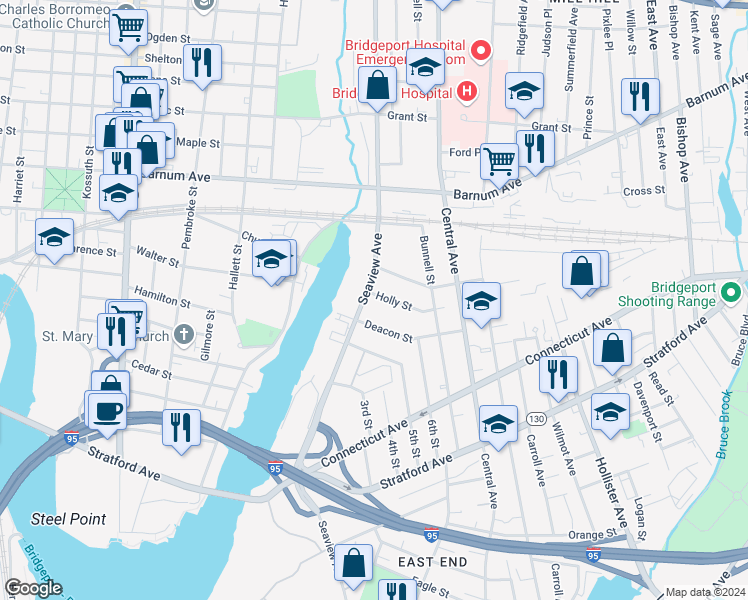 map of restaurants, bars, coffee shops, grocery stores, and more near 131 Deacon Street in Bridgeport