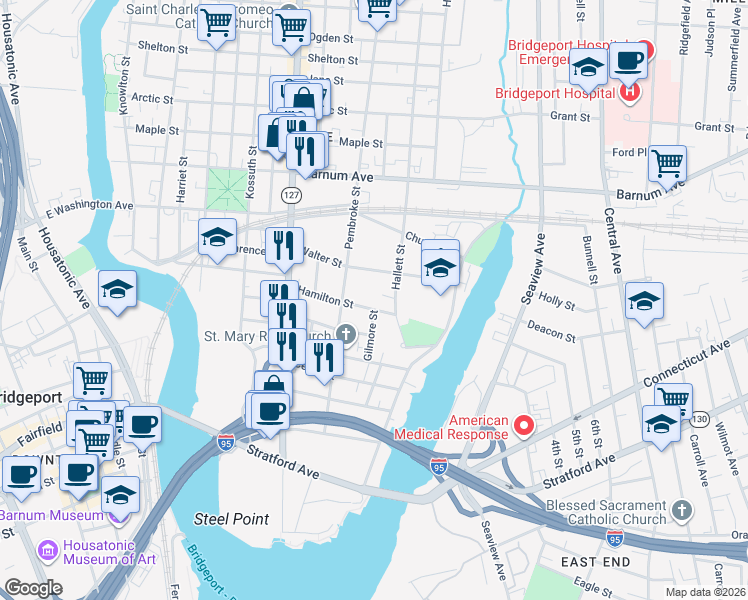 map of restaurants, bars, coffee shops, grocery stores, and more near 95 Gilmore Street in Bridgeport