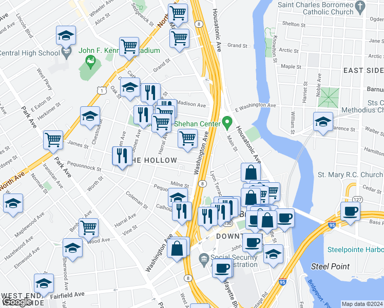 map of restaurants, bars, coffee shops, grocery stores, and more near 55 Sanford Avenue in Bridgeport