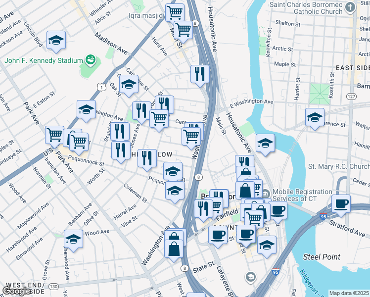 map of restaurants, bars, coffee shops, grocery stores, and more near 55 Sanford Avenue in Bridgeport