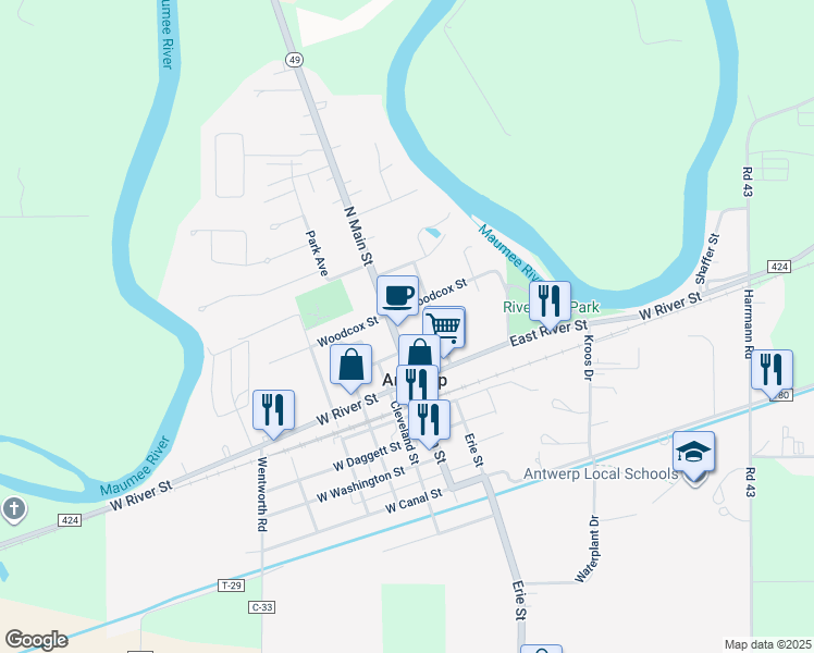 map of restaurants, bars, coffee shops, grocery stores, and more near 136-204 N Main St in Antwerp